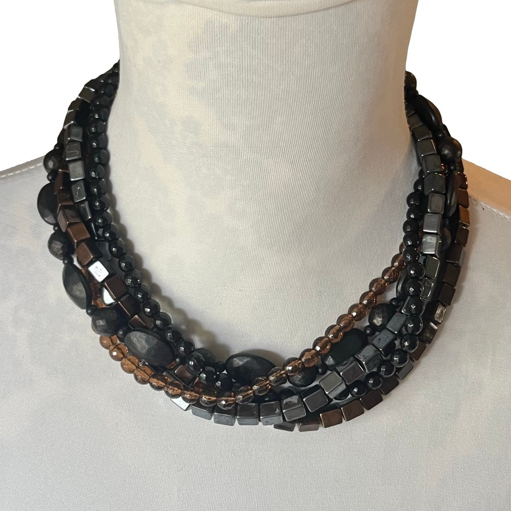 Statement multi-strand Black & Brown Beaded Necklace